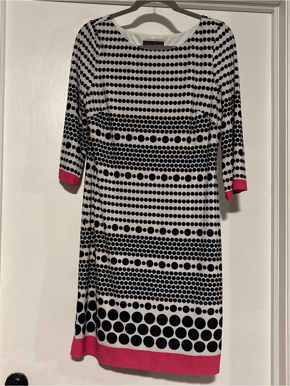 🌸Jessica Howard Black and White Polka-Print Midi Dress with Pink Trim